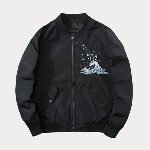 Whale Embroidered MA1 Bomber Jacket for Men – Oversized Japanese Sukajan Coat